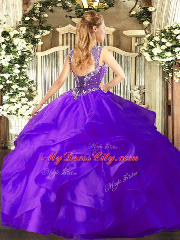 Sleeveless Floor Length Beading and Ruffles Lace Up Quinceanera Dress with Purple