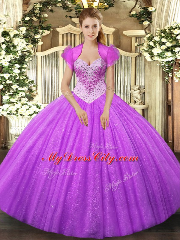 High End Lilac Sleeveless Beading Floor Length Sweet 16 Quinceanera Dress