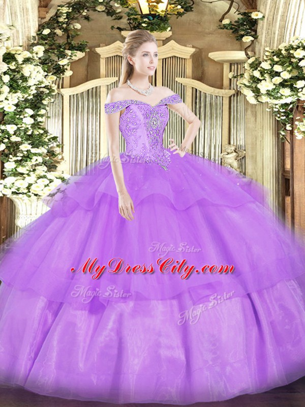 Traditional Lavender Ball Gowns Off The Shoulder Sleeveless Organza Floor Length Lace Up Beading and Ruffled Layers Sweet 16 Quinceanera Dress