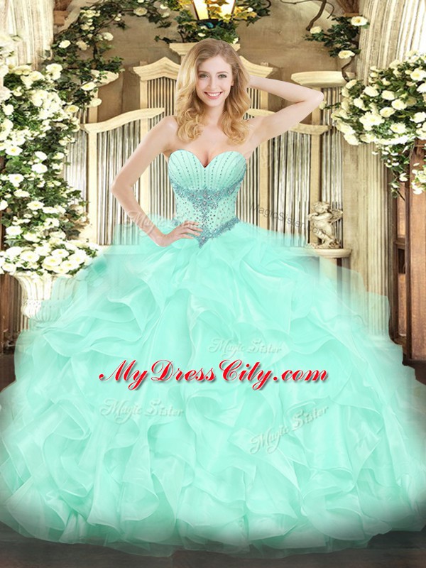 Apple Green Sleeveless Organza Lace Up Quinceanera Gowns for Military Ball and Sweet 16 and Quinceanera