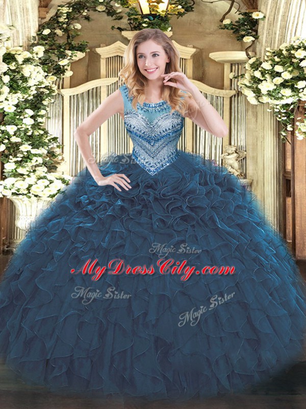 Affordable Navy Blue Sleeveless Beading and Ruffles Floor Length Ball Gown Prom Dress