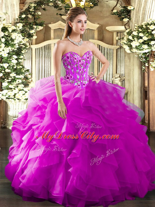 Customized Floor Length Fuchsia Quince Ball Gowns Organza Sleeveless Embroidery and Ruffles