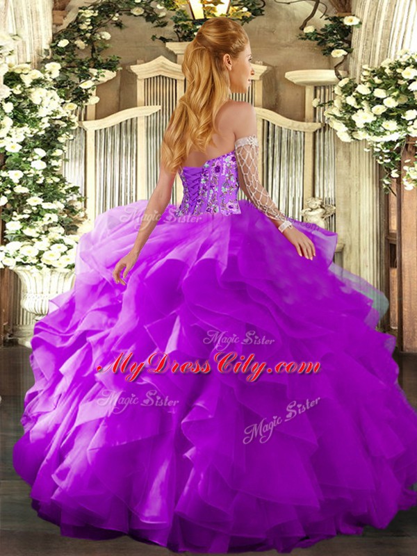 Customized Floor Length Fuchsia Quince Ball Gowns Organza Sleeveless Embroidery and Ruffles