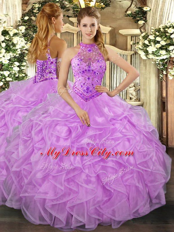 Vintage Lavender Ball Gowns Organza Halter Top Sleeveless Beading and Ruffles Floor Length Lace Up 15th Birthday Dress