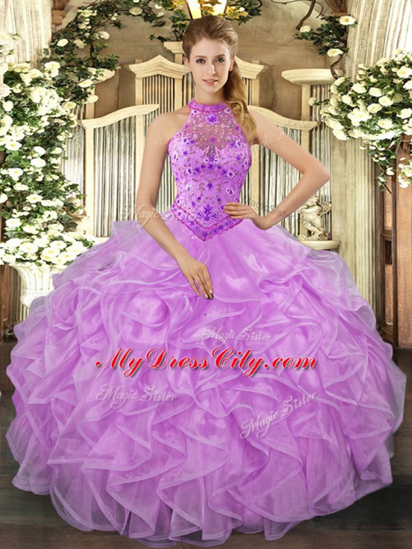 Vintage Lavender Ball Gowns Organza Halter Top Sleeveless Beading and Ruffles Floor Length Lace Up 15th Birthday Dress