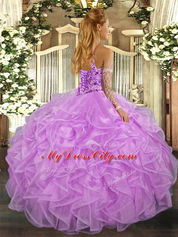 Vintage Lavender Ball Gowns Organza Halter Top Sleeveless Beading and Ruffles Floor Length Lace Up 15th Birthday Dress