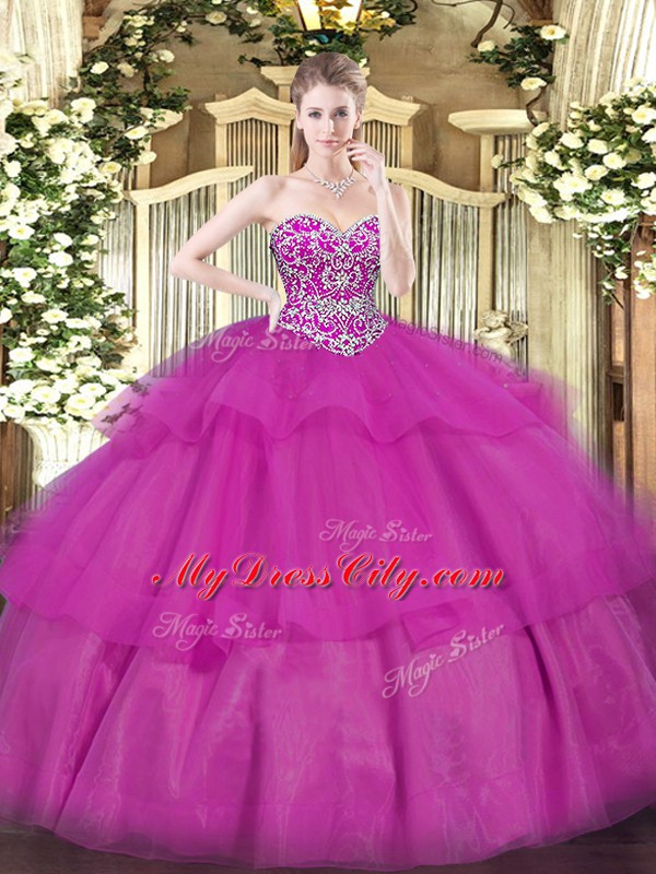 New Arrival Fuchsia Sleeveless Floor Length Beading and Ruffled Layers Lace Up 15 Quinceanera Dress