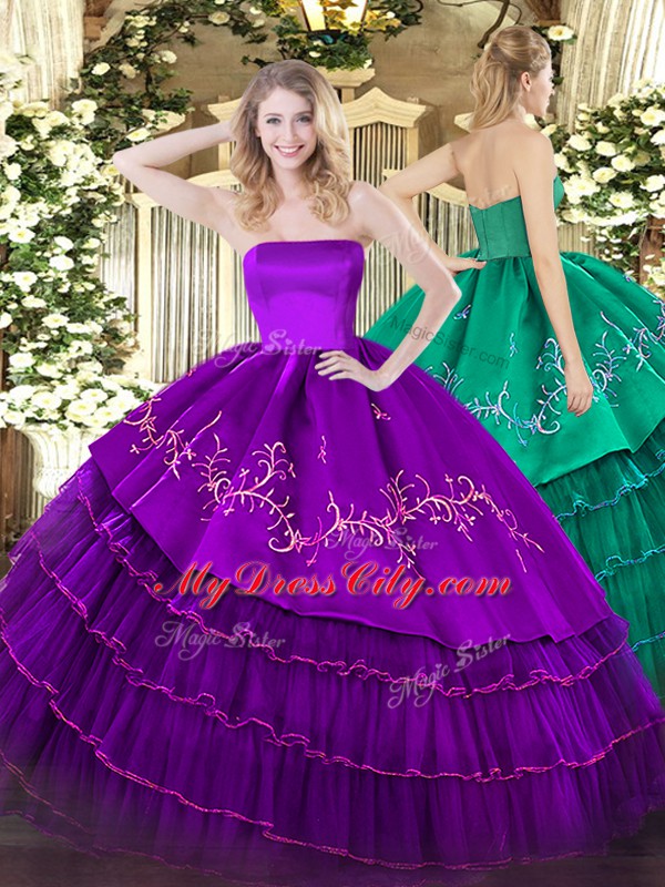 Sexy Sleeveless Organza and Taffeta Floor Length Zipper Vestidos de Quinceanera in Purple with Embroidery and Ruffled Layers