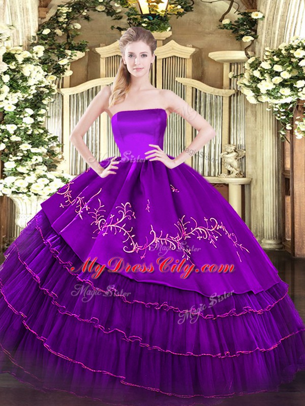 Sexy Sleeveless Organza and Taffeta Floor Length Zipper Vestidos de Quinceanera in Purple with Embroidery and Ruffled Layers