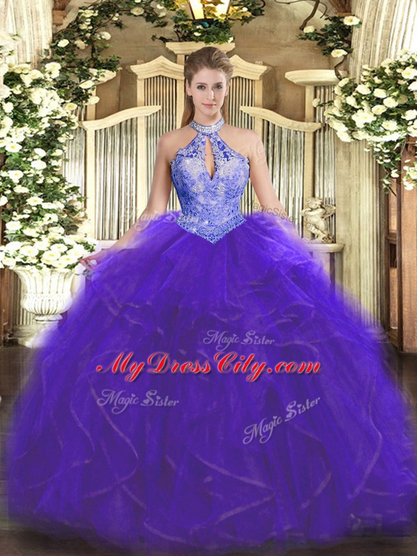 Purple Sleeveless Ruffles and Sequins Floor Length Sweet 16 Dresses