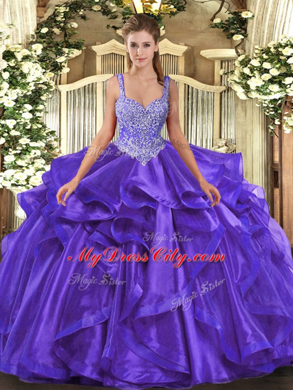 Organza Sleeveless Floor Length Ball Gown Prom Dress and Beading and Ruffles