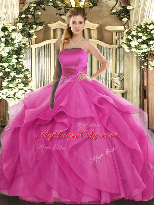 Hot Pink Tulle Lace Up Strapless Sleeveless Floor Length 15 Quinceanera Dress Ruffles