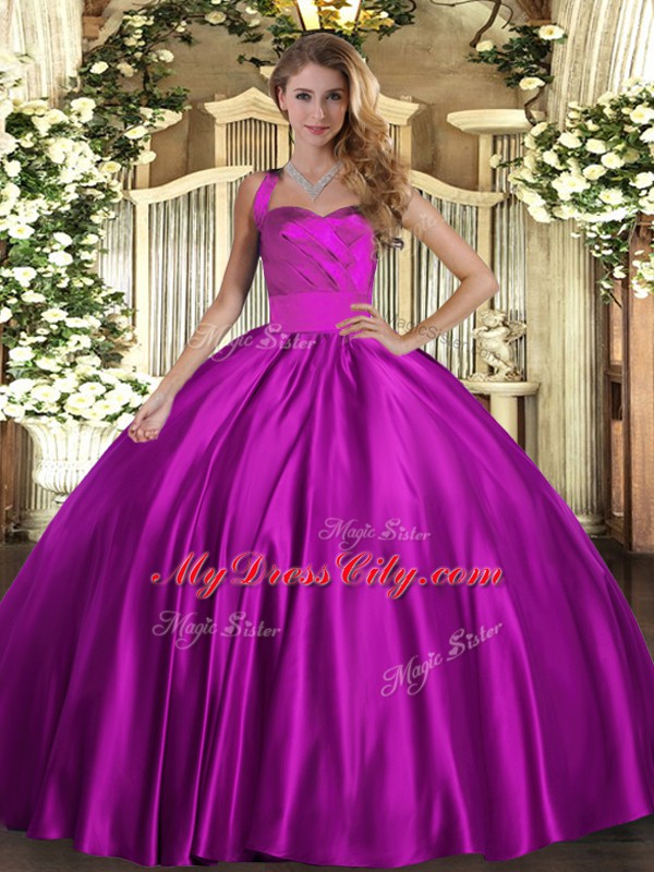 Fuchsia Lace Up Ball Gown Prom Dress Ruching Sleeveless Floor Length