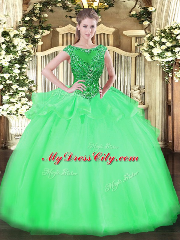 Discount Floor Length Green Sweet 16 Dresses Organza Cap Sleeves Beading