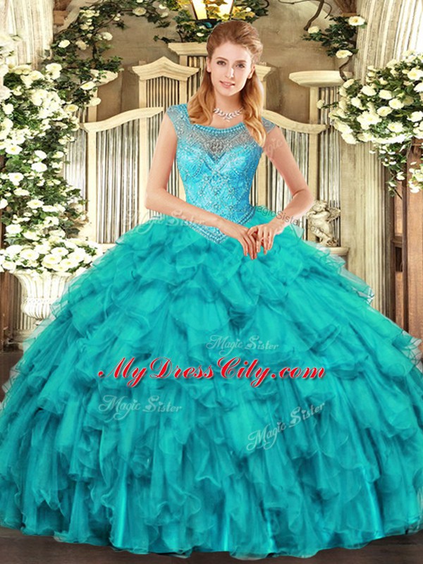 Floor Length Aqua Blue Sweet 16 Dresses Scoop Sleeveless Lace Up