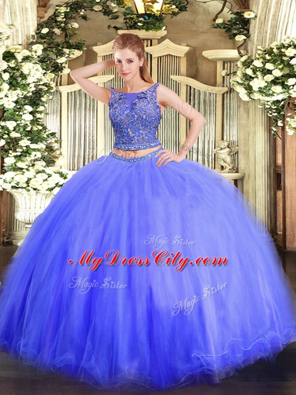 Beading Sweet 16 Quinceanera Dress Blue Lace Up Sleeveless Floor Length