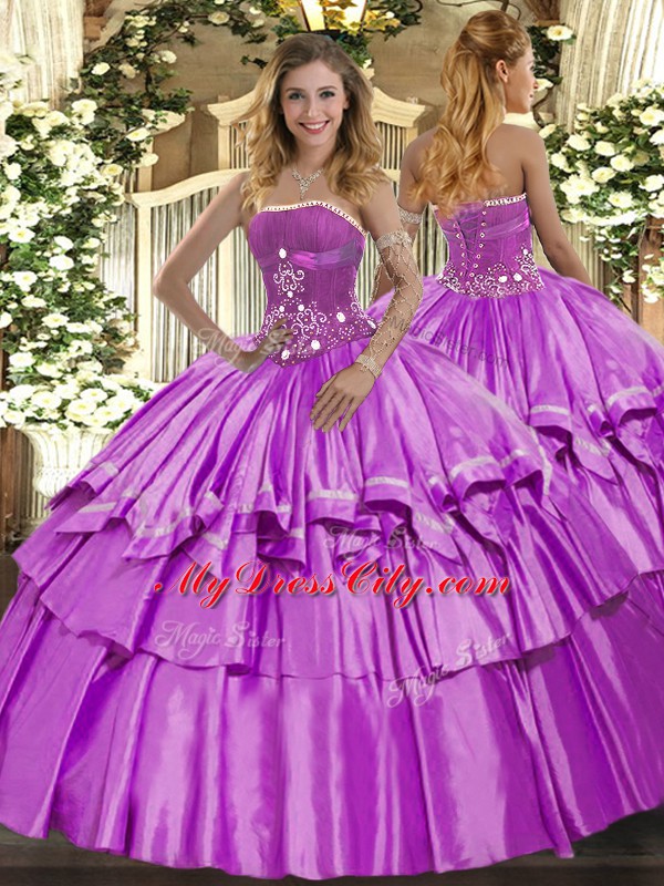 Lilac Lace Up Strapless Beading and Ruffled Layers Ball Gown Prom Dress Organza and Taffeta Sleeveless