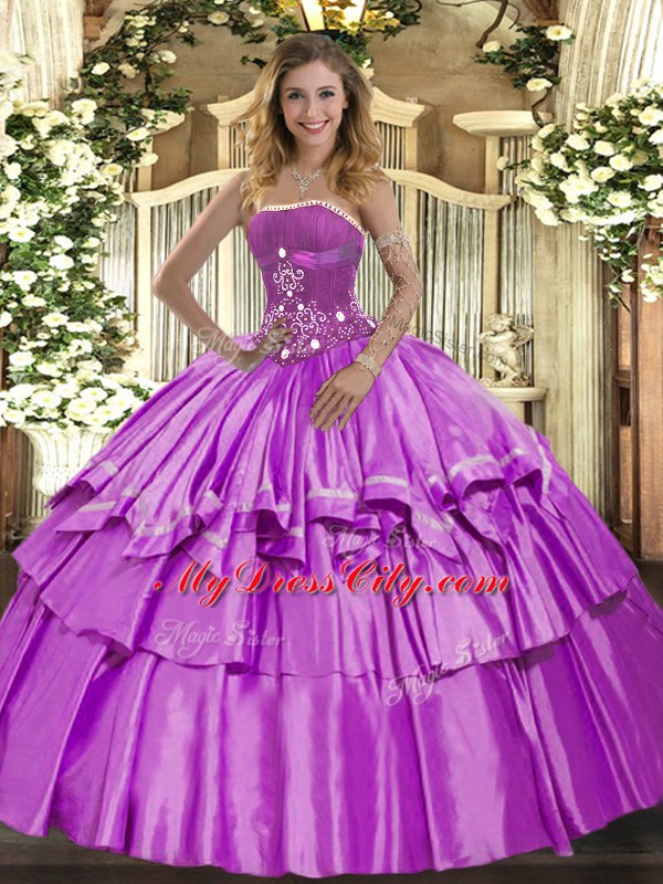 Lilac Lace Up Strapless Beading and Ruffled Layers Ball Gown Prom Dress Organza and Taffeta Sleeveless