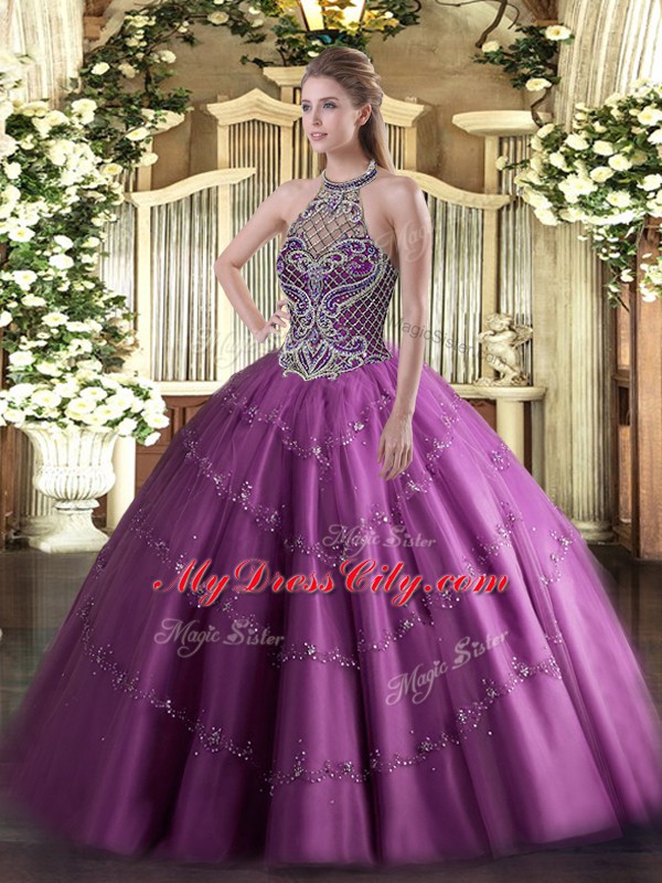 Lilac Tulle Lace Up Quinceanera Gowns Sleeveless Floor Length Beading