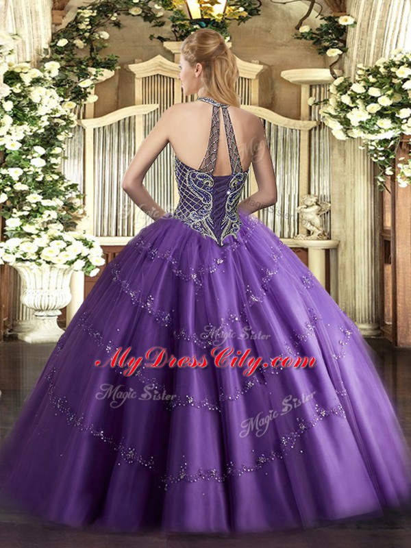 Lilac Tulle Lace Up Quinceanera Gowns Sleeveless Floor Length Beading