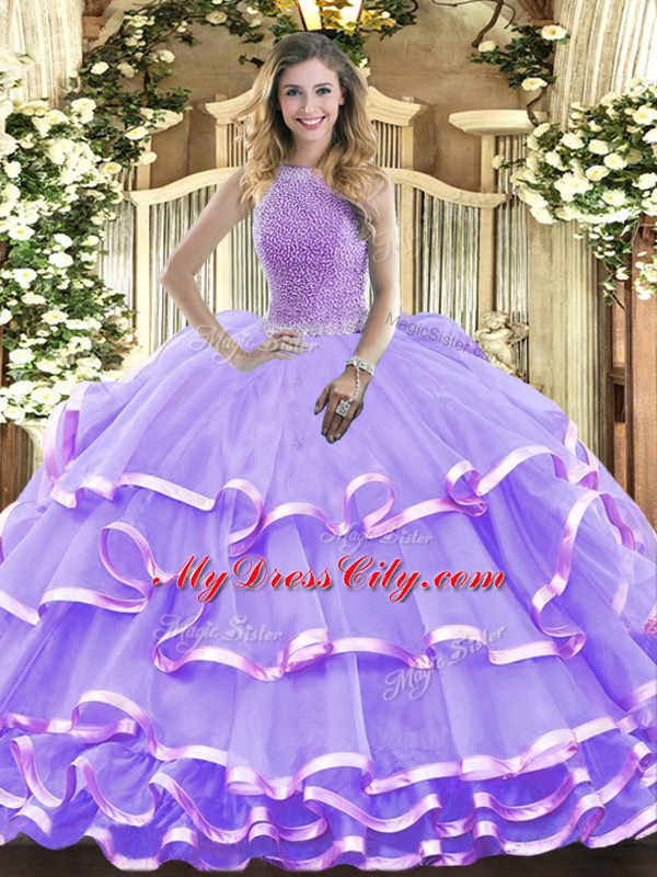 Best High-neck Sleeveless Lace Up Sweet 16 Dress Lavender Organza