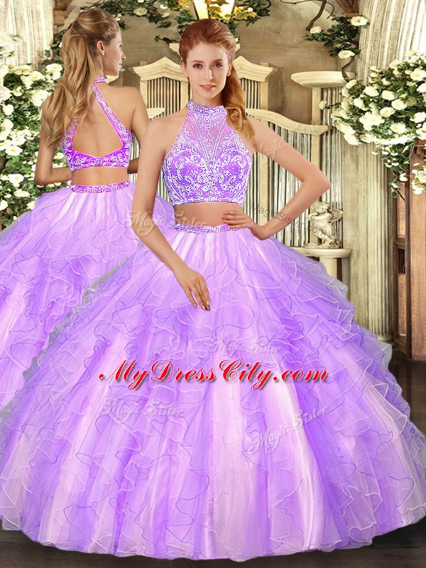 Halter Top Sleeveless Ball Gown Prom Dress Floor Length Beading and Ruffled Layers Lavender Tulle