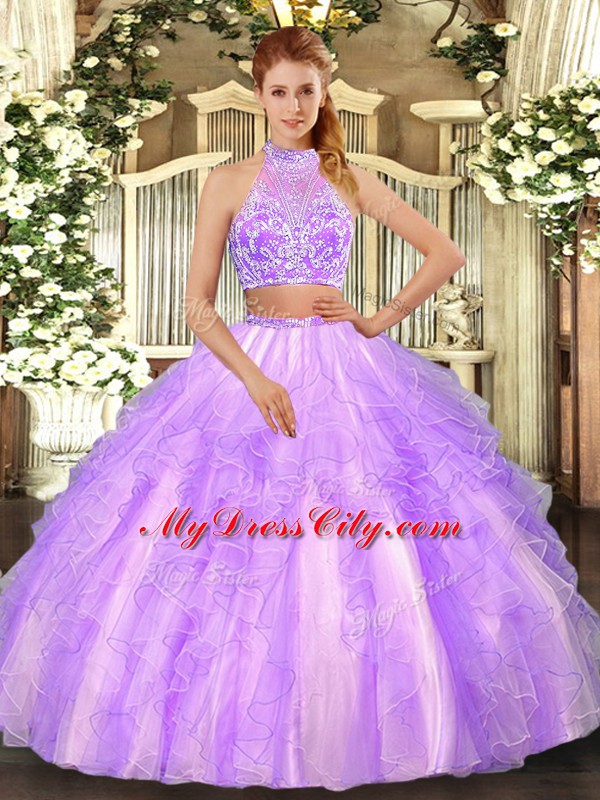 Halter Top Sleeveless Ball Gown Prom Dress Floor Length Beading and Ruffled Layers Lavender Tulle