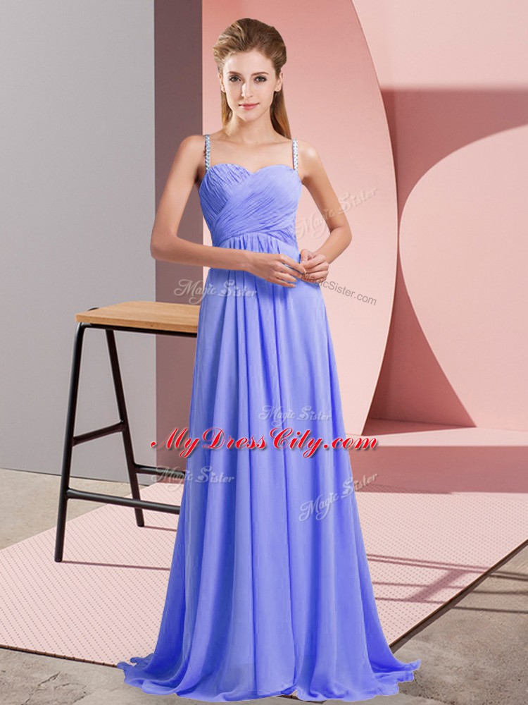 Pretty Lavender Sleeveless Sweep Train Ruching Prom Party Dress