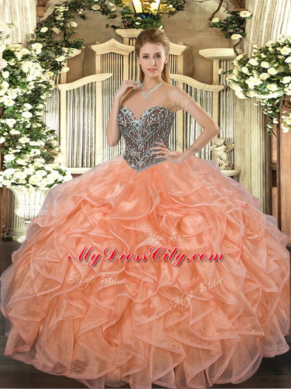 Luxury Floor Length Orange Sweet 16 Dresses Organza Sleeveless Beading and Ruffles