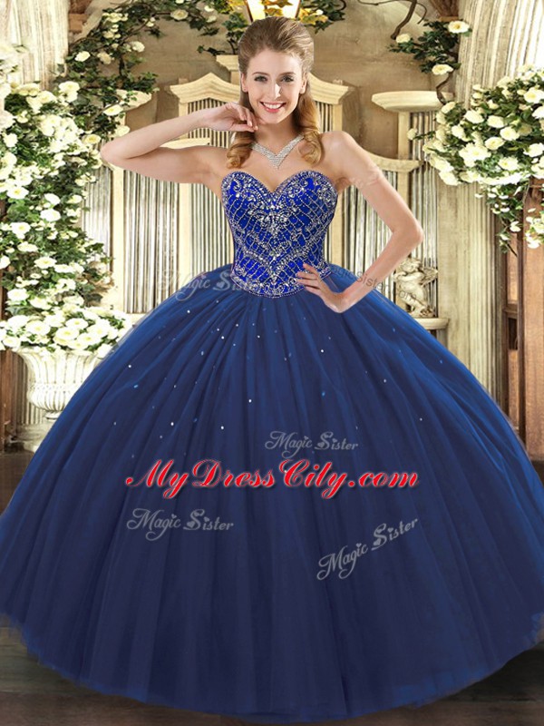 Top Selling Navy Blue Ball Gowns Tulle Sweetheart Sleeveless Beading Floor Length Lace Up Sweet 16 Dress