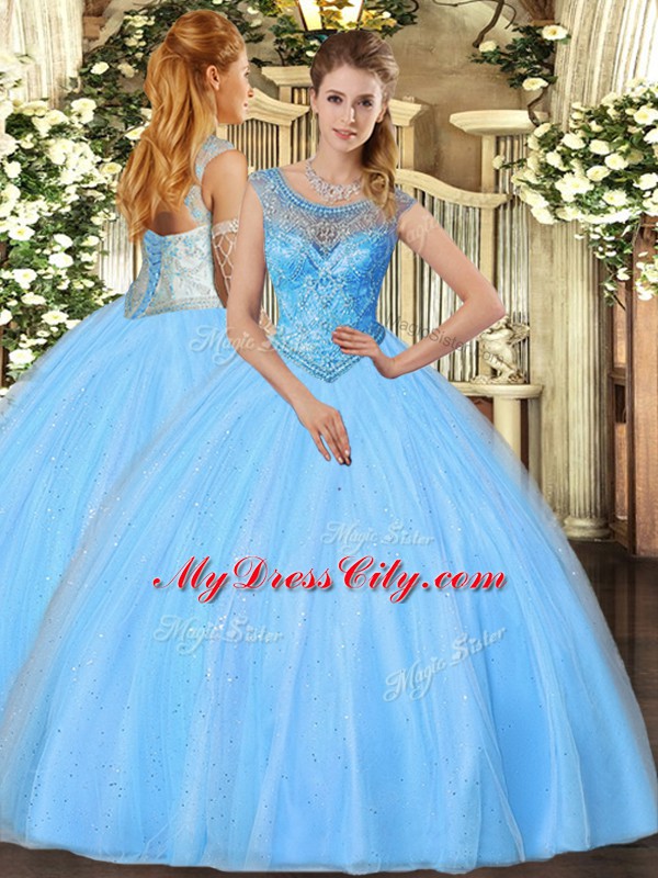 High Quality Beading Quince Ball Gowns Baby Blue Lace Up Sleeveless Floor Length