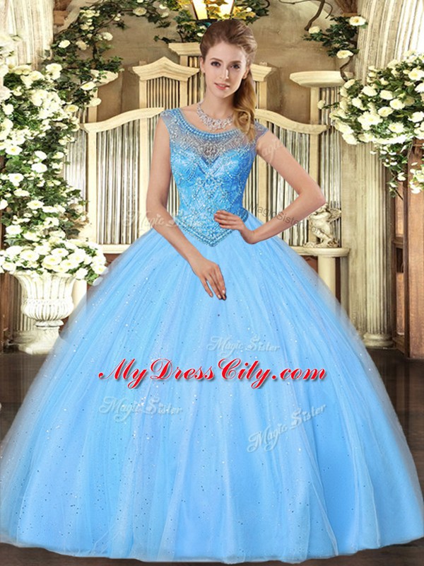 High Quality Beading Quince Ball Gowns Baby Blue Lace Up Sleeveless Floor Length