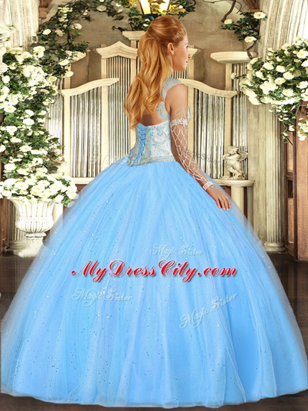 High Quality Beading Quince Ball Gowns Baby Blue Lace Up Sleeveless Floor Length