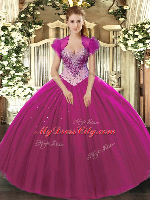 Custom Fit Tulle Sleeveless Floor Length Sweet 16 Quinceanera Dress and Beading