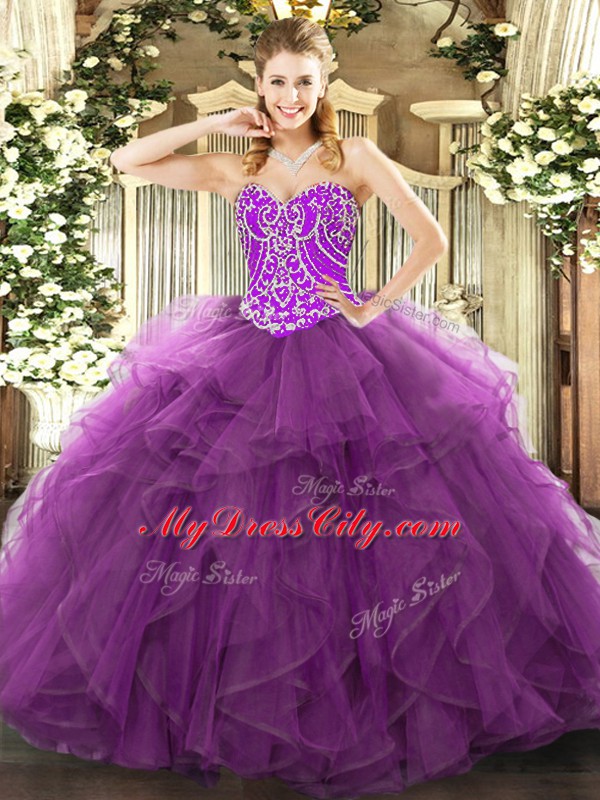 Hot Selling Floor Length Lace Up Ball Gown Prom Dress Purple for Military Ball and Sweet 16 and Quinceanera with Beading and Ruffles