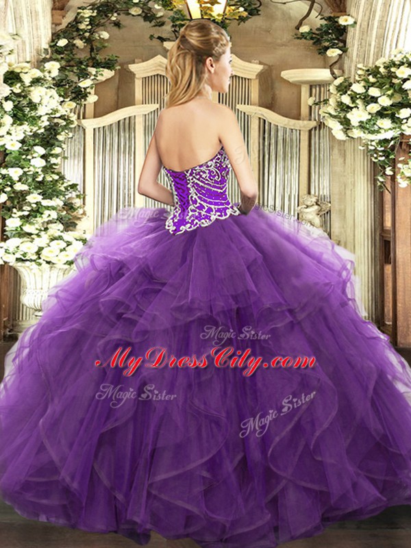 Hot Selling Floor Length Lace Up Ball Gown Prom Dress Purple for Military Ball and Sweet 16 and Quinceanera with Beading and Ruffles