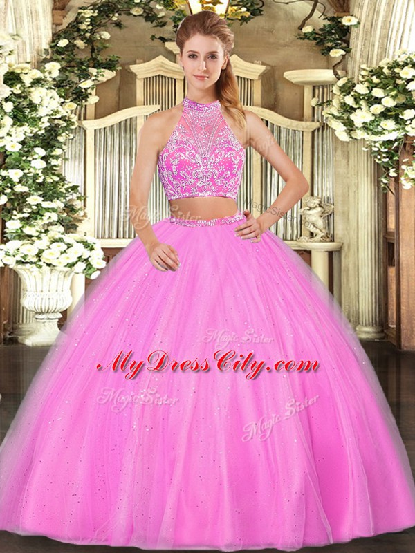 Halter Top Sleeveless Criss Cross Sweet 16 Quinceanera Dress Hot Pink Tulle