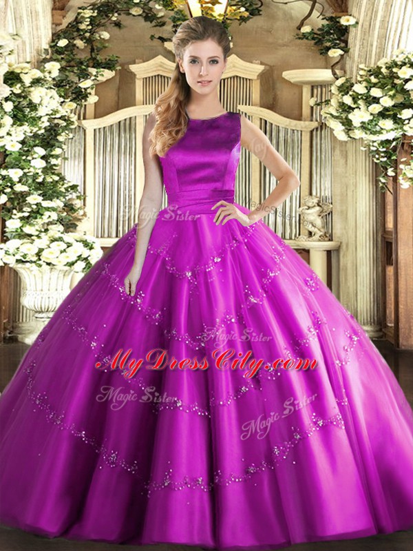 Luxurious Fuchsia Scoop Lace Up Appliques Vestidos de Quinceanera Sleeveless