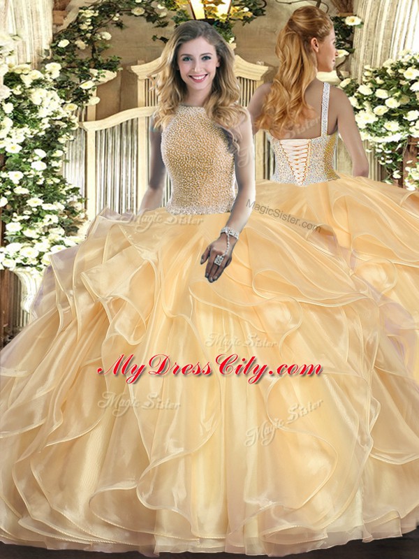 High-neck Sleeveless Lace Up Quinceanera Gowns Champagne Organza