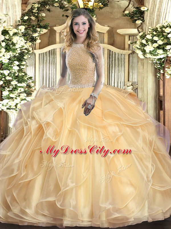 High-neck Sleeveless Lace Up Quinceanera Gowns Champagne Organza