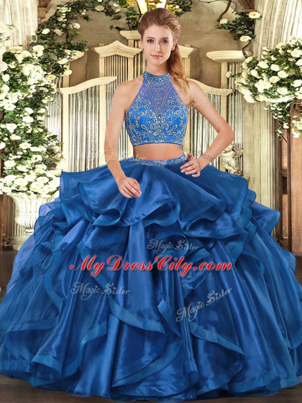 Modest Sleeveless Floor Length Beading and Ruffled Layers Criss Cross Quinceanera Gowns with Blue