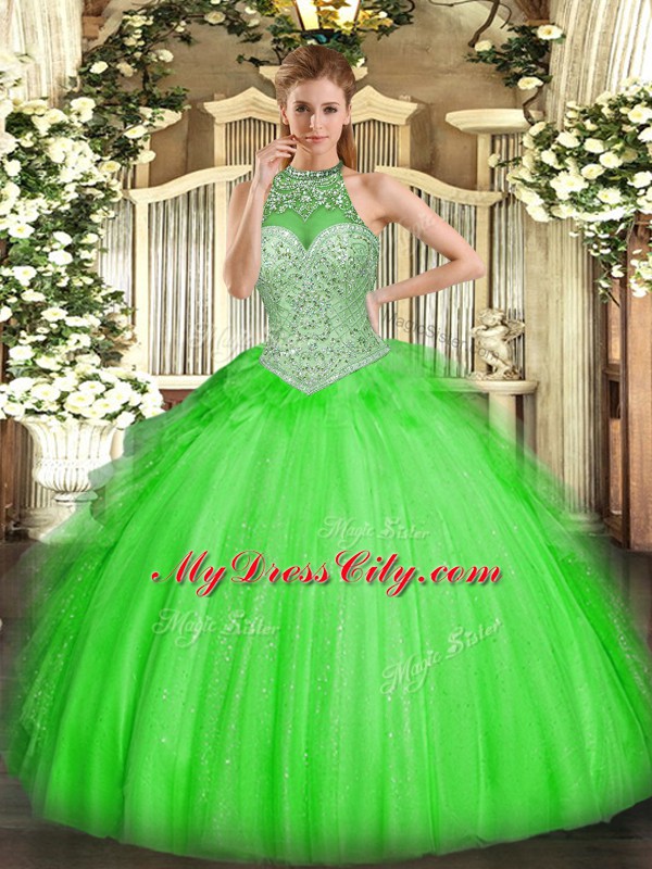 Halter Top Sleeveless 15 Quinceanera Dress Floor Length Beading and Ruffles Tulle