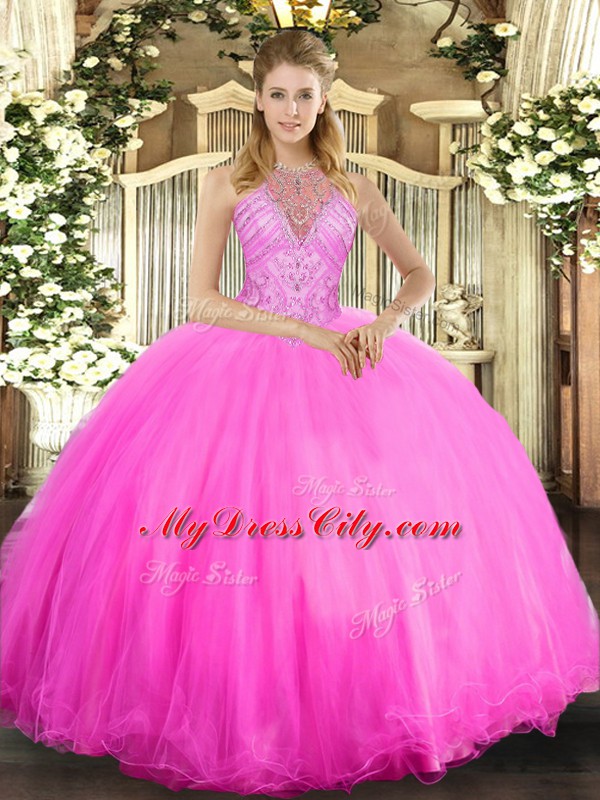 Glorious Sleeveless Tulle Floor Length Lace Up Sweet 16 Dresses in Rose Pink with Beading