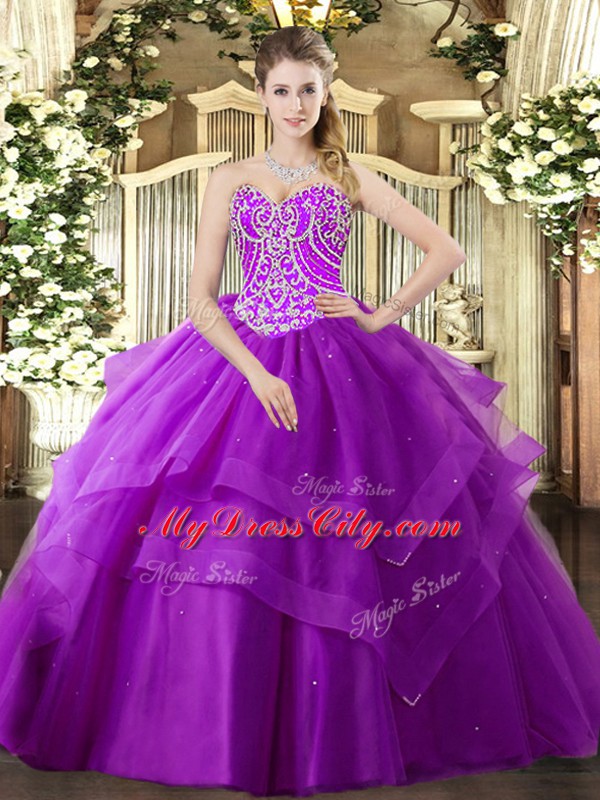 Delicate Floor Length Purple Ball Gown Prom Dress Sweetheart Sleeveless Lace Up