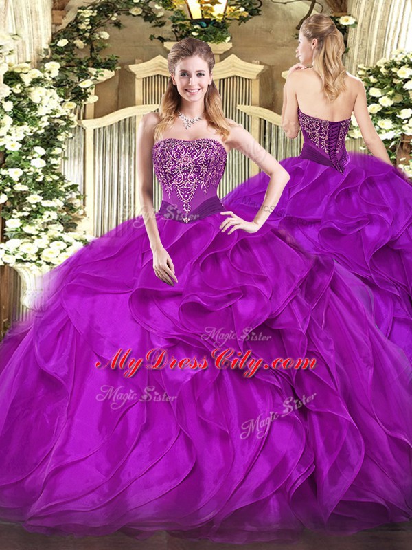 Purple Strapless Lace Up Beading and Ruffles 15th Birthday Dress Sleeveless