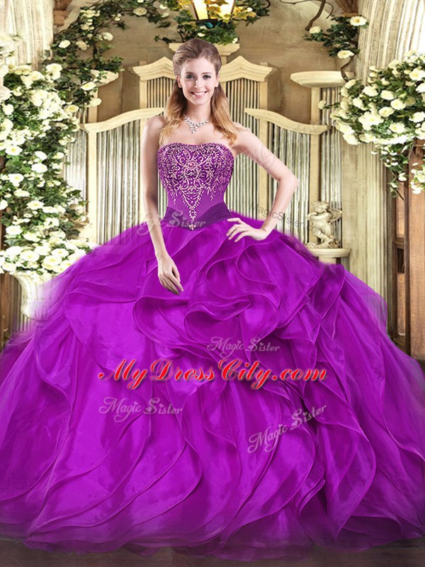 Purple Strapless Lace Up Beading and Ruffles 15th Birthday Dress Sleeveless