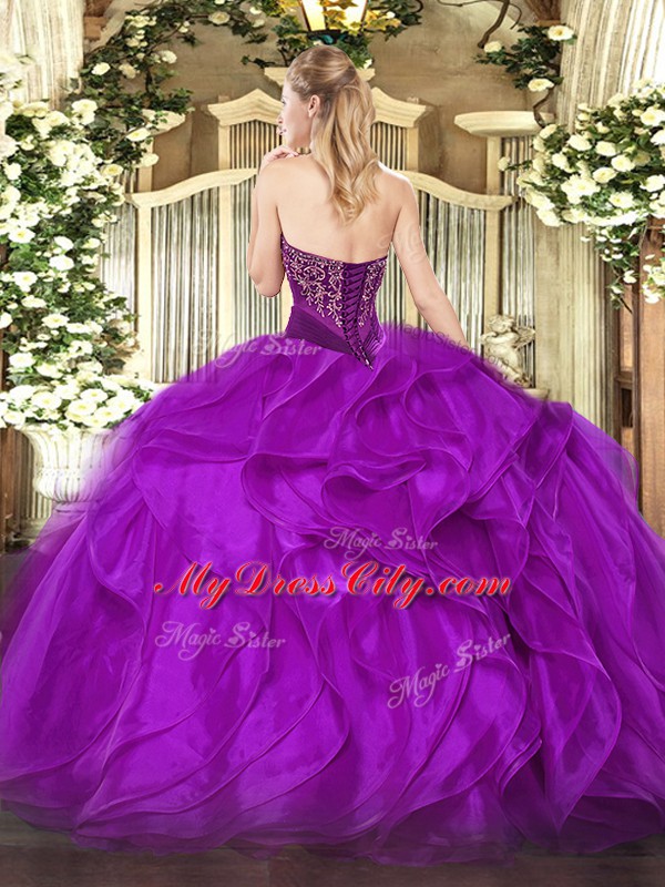 Purple Strapless Lace Up Beading and Ruffles 15th Birthday Dress Sleeveless