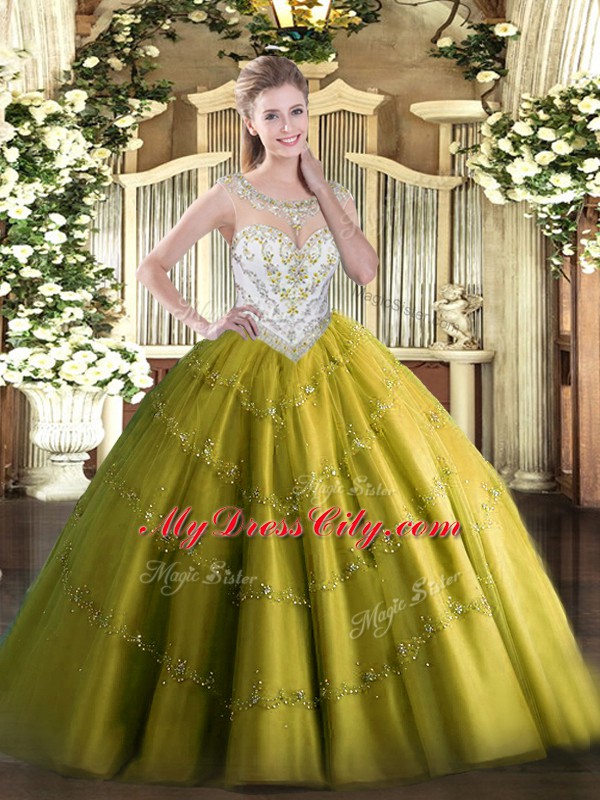 Charming Floor Length Olive Green Quinceanera Gown Tulle Sleeveless Beading and Appliques