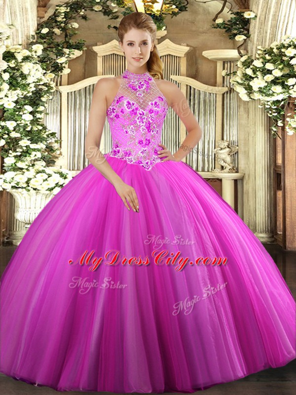 Gorgeous Fuchsia Sleeveless Floor Length Embroidery Lace Up Ball Gown Prom Dress