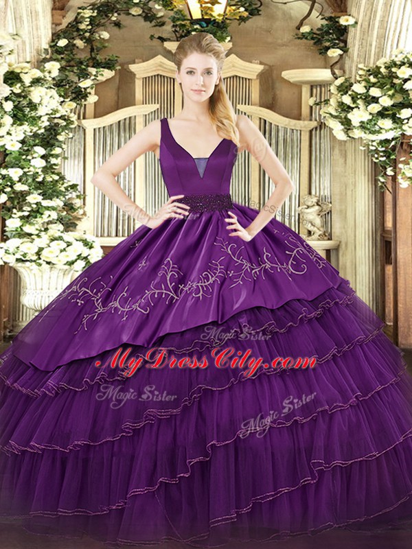 Luxury Purple Sleeveless Organza and Taffeta Zipper Quinceanera Gown for Military Ball and Sweet 16 and Quinceanera